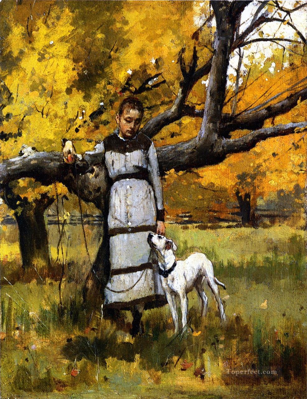 Theodore Robinson Jeune fille avec un chien Peintures à l'huile